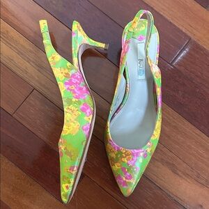 Boden Spring Floral Slingback Kitten Heels Pink Green Preppy Barbie Leather 39